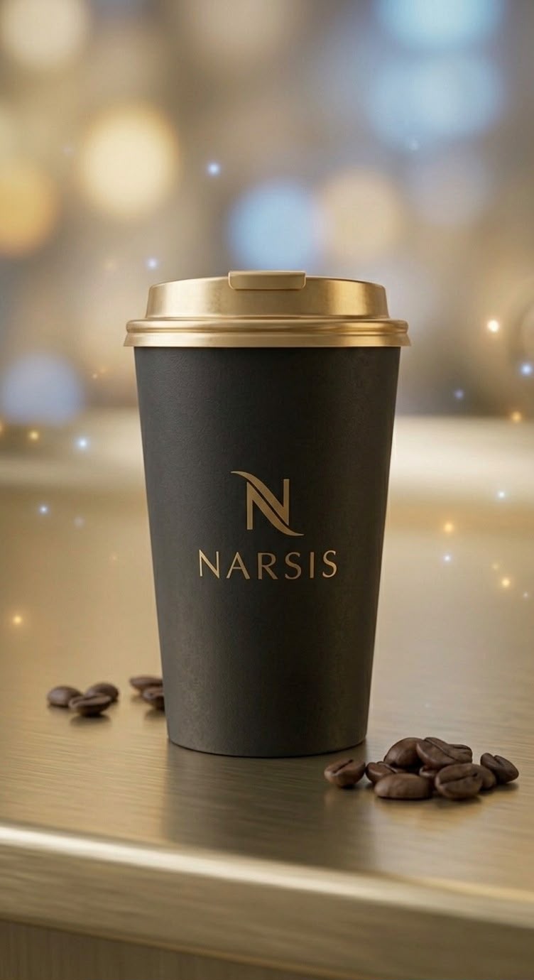 Narsis Coffee travel cup — matte black and gold